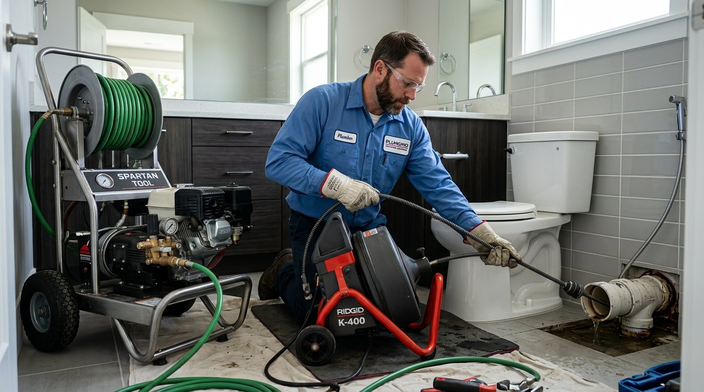 Plumbing technician operating professional sewer inspection camera and drain jetting equipment in Simi Valley, CA